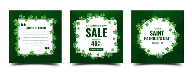 Set of Saint Patrick's day square banner template with clover illustration. Editable modern banner with space for text. Usable for Social media post, greeting card, and web