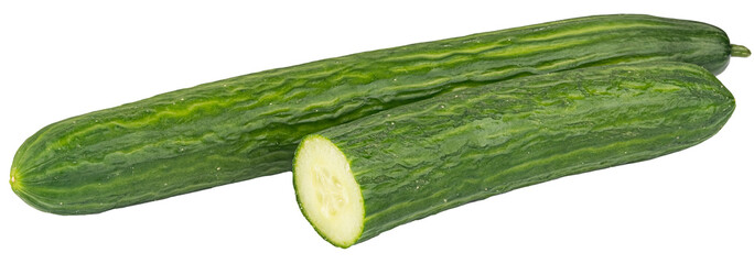 Close-up of two green cucumbers, one cucumber cut open