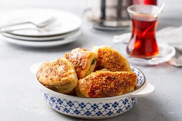 Turkish cuisine; Handmade Cheese spinach Pastry (Turkish name; peynirli - ispanakli pogaca)