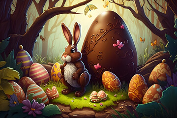 Easter bunny, big chocolate egg and colored eggs in a magical fairy forest, Generative AI