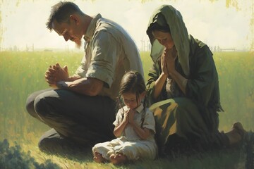 Wallpaper Illustration and background of a family in prayer. Concept of religious, prayer, religion, faith. Generative AI. - obrazy, fototapety, plakaty
