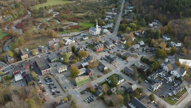 Stowe, Vermont USA - October 3 2020: Aerial view of downtown Stowe, Vermont during autumn. 4K Drone Fall Foliage in New England