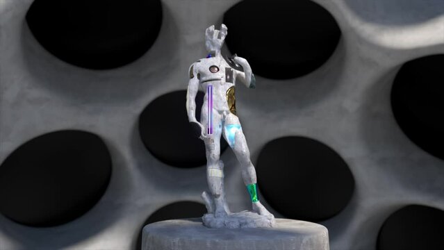 A digital sculpture of David appears on the podium. Abstract perforated background. A mixed of antique and modern styles