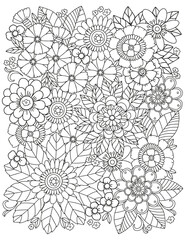  Coloring pages for children and adults.Blooming garden illustration hand drawing.   