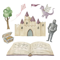Historical collection with fairy-tale characters. Watercolor hand drawn isolated  illustrations on white background