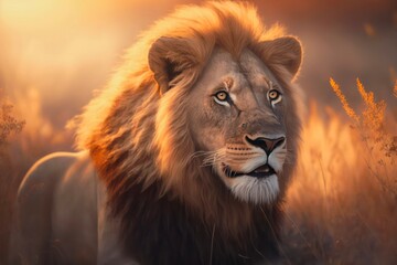 Naklejka premium Portrait of a majestic lion in the light of the sun in savannah. Generative AI.