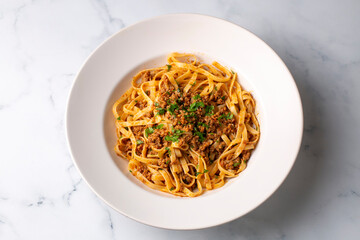 Spaghetti with minced meat in tomato sauce, pasta with noodles. Turkish noodle pasta.