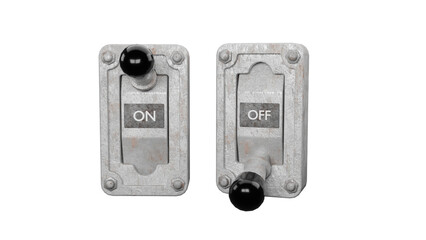 Fototapeta premium Closeup of a rusty two vintage lever one is ON and other is OFF on a wall 3d render illustration, with white background