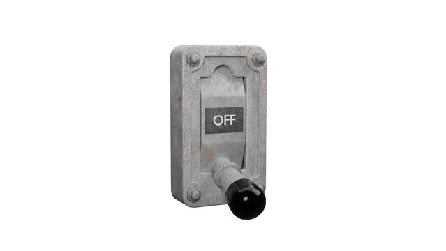 Closeup of a rusty lever on a wall with OFF sign industrial and more purpose switch 3d render illustration, with white background