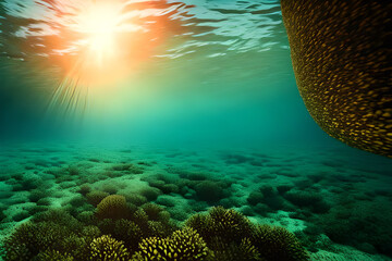 The Sun's Embrace: A Warm Sunset Ocean View from Underwater with Generative AI 