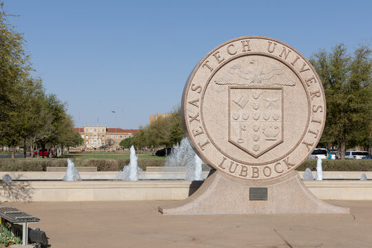 Lubbock, TX - April 15 2022: Entrance sign with fountain on the campus of Texas Tech University