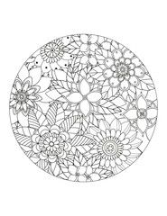 Floral pattern in a circle. Mandala.                                              Antistress coloring book for children and adults. 
