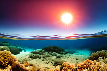  A Symphony of Colors: Vibrant Sunset Ocean View from Underwater with Generative AI 