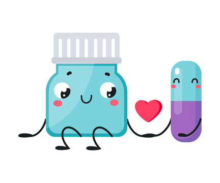 Cute Drug and Medicine Vial with Capsule Holding Hands and Smiling Vector Illustration