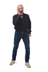 Fototapeta premium screaming man with open mouth and raised arms on white background
