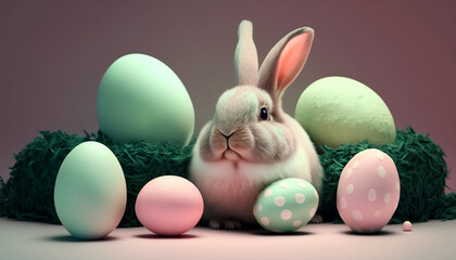 Easter rabbit with basket full of eggs. Easter concept. Colorful eggs banner, sunlight. Easter holidays.
