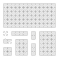 Different puzzle sizes. Blank jigsaw pieces templates for game design, teamwork toy with various elements matching together. Vector set. Leisure team entertainment, logical solution