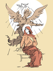Annunciation Blessed Virgin Mary. Religious vector illustration. Mother of Jesus Christ. Archangel Gabriel visits Mary. Hand drawn illustration
