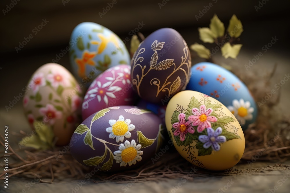 Wall mural Traditionally decorated Easter eggs, painted with flowers and ornaments. Happy Easter design. Generative ai. 