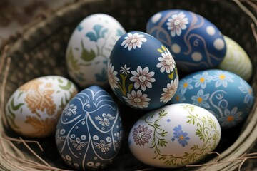 Fototapeta na wymiar Traditionally decorated Easter eggs, painted with flowers and ornaments. Happy Easter card design. Generative ai. 