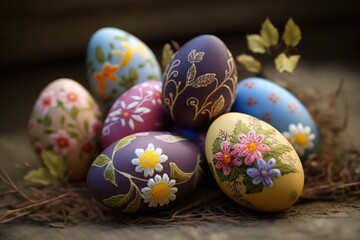 Fototapeta na wymiar Traditionally decorated Easter eggs, painted with flowers and ornaments. Happy Easter design. Generative ai. 