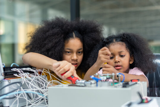 Group Kid Teen Child Enjoy Machine Learning Robot Arm Is Moving Under Coding Control Robot At Stem Technology Class, Stem Education For Digital Automation Learn For Use Artificial Intelligence Ai