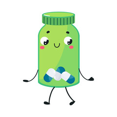 Cute Drug and Medicine Vial with Smiling Face and Arms Walking Vector Illustration