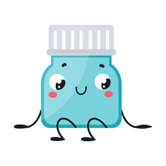 Cute Drug and Medicine Vial with Smiling Face and Arms Sitting Vector Illustration