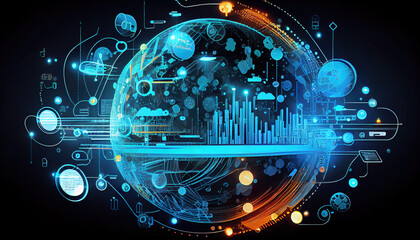 Fototapeta premium Digital technology, internet network connection, big data, digital marketing IoT internet of things. Computer, surfing internet futuristic innovative technology background wallpaper - Generative AI