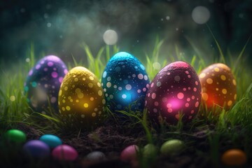Easter eggs in the grass. Shining from within. Bokeh background. Violet, purple, golden and blue colors. Easter Holiday celebration concept. Greeting card design. Generative ai. 