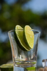 glass on the table with lemon in a sunny day