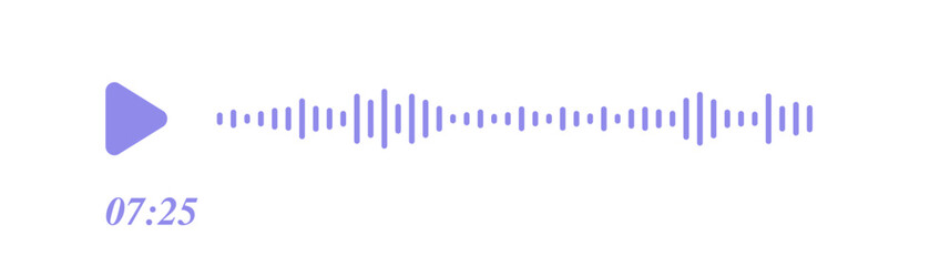 Audio speech soundbar with play button. Record interface. Music player spectrum noise. Mobile messenger app chat. Sound wave of voice. Equalizer icon with soundwave line. Vector illustration.
