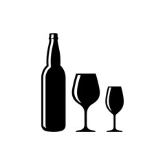Silhouette bottle and glass of wine vector. Wine bottle and glass icon vector. Black Bottle and Glass icon