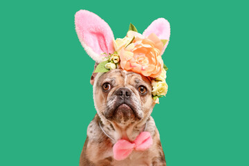 Merle French Bulldog dog wearing Easter bunny costume ears headband with rose flowers on green...