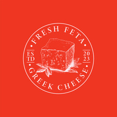 Premium Local Feta cheese Food Label Template. Abstract Vector Packaging Design Layout. Modern Typography Banner with Hand Drawn Cheese Piece. Isolated.