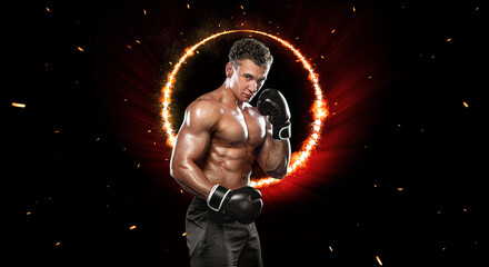 Athlete Boxer. Picture for advertising online sports betting. Ads of boxing and sports events in a sports bar. Picture for ad a bookmaker's office.