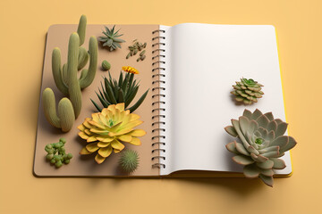 Open notepad and Mini succulents on a yellow background, top view, copyspace, ai