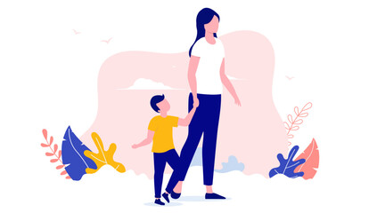 Mother and son - Mom with one child walking outdoors. Colourful flat design vector illustration with white background