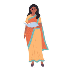 Indian woman with book. School teacher, librarian, business woman. Vector illustration in flat style