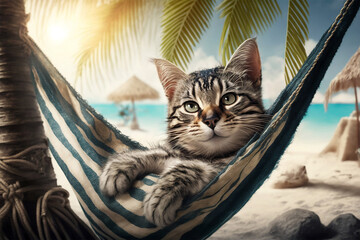 Cute kitty relaxing on a beach in a hammock. Generative AI