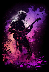 Obraz na płótnie Canvas silhouette of a guitar player, neon particles, generative ai
