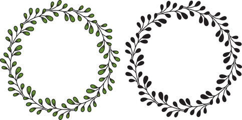 Two vector hand drawn floral frames isolated on white background. Round green and black wreath of branches