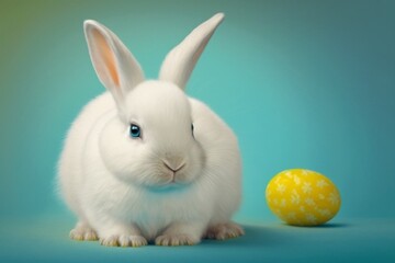 White cute Easter bunny rabbit with yellow Easter egg