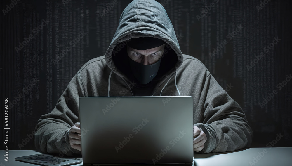 Poster hacker with laptop initiating cyber attack. generative ai