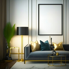 IA illustration of a living room with a modern and minimalist sofa and a white background painting. I