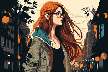 Naklejka na ściany i meble Beautiful teenage girl with glasses on the street, vector flat illustration, EPS 10.