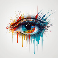 AI illustration of a woman's eye with tempera and paint splashes