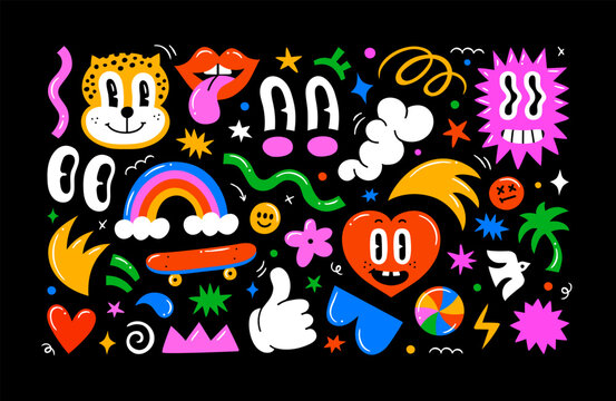 Naklejka Colorful retro cartoon doodle illustration set. Vintage style eye and happy faces reaction sticker collection. Funny psychedelic character smiling, modern flat drawing art.