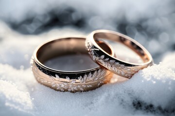 Obraz na płótnie Canvas Wedding engagement rings. Love and the symbol of marriage on snow.