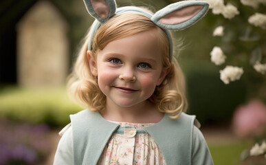 Happy girl with bunny ears created with Generative AI technology